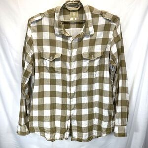 LR Geans Men's Flannel Button Up Shirt Tan White Check Workwear Casual Western